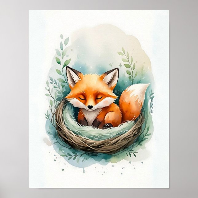 Peaceful Fox Resting Nest Watercolor Illustration Poster (Front)