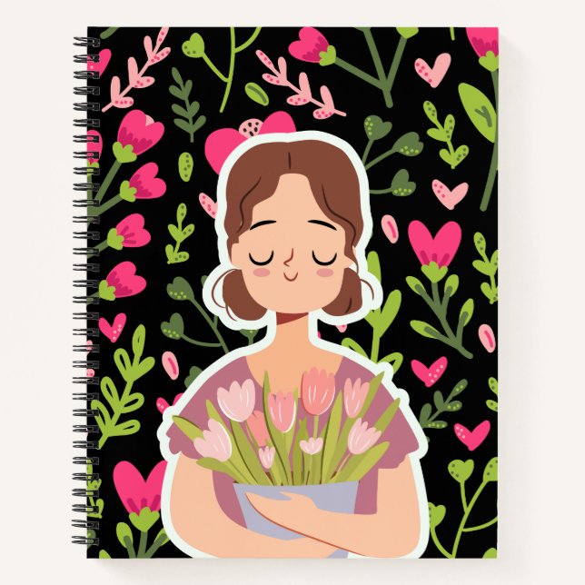 Peaceful Girl with Flowers – Cute Floral Notebook  (Front)