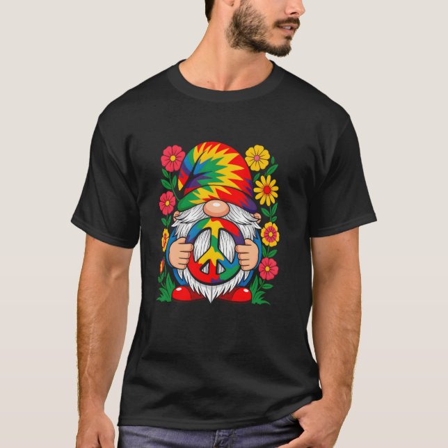 Peaceful Gnome With Rainbow Hat And Flowers T-Shirt (Front)