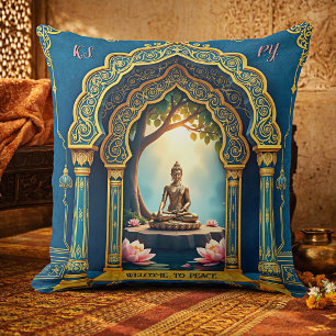 Peaceful Golden Buddha Meditating in India Cushion