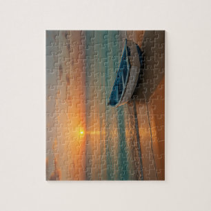 Peaceful Golden Sunset with Boat on Beach Puzzle