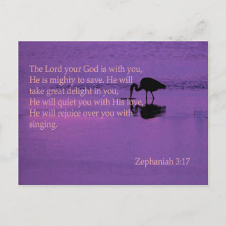 peaceful heron with Zephaniah 3:17 Postcard