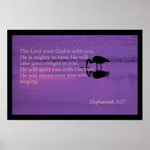 peaceful heron with zephaniah 3:17 poster