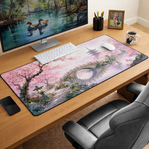 Peaceful Japanese Zen Garden Cherry Blossoms Desk Mat