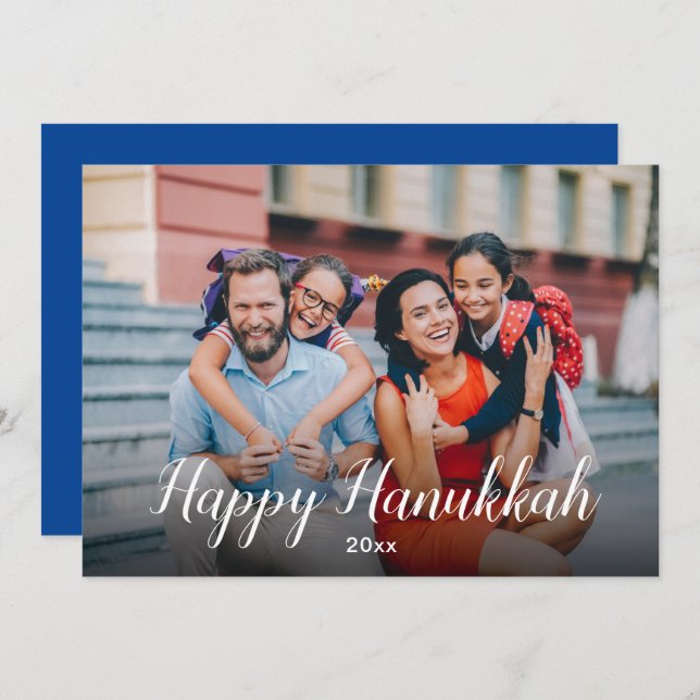 Peaceful Joyous Happy Hanukkah Blue Modern Photo Holiday Card (Front/Back)