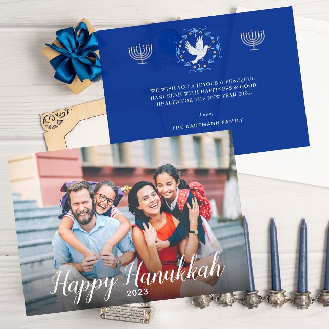 Peaceful Joyous Happy Hanukkah Modern Photo Holiday Card (Modern Photo Hanukkah card. Personalize photo and message.)