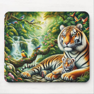 Peaceful Jungle Scene with Tigers Painting Mouse Mat