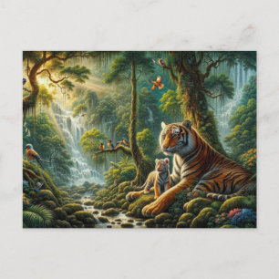 Peaceful Jungle Scene with Tigers Painting Postcard