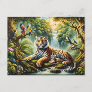 Peaceful Jungle Scene with Tigers Painting Postcard