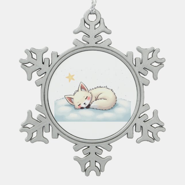 Peaceful Kawaii Arctic Fox Starry Night Winter Snowflake Pewter Christmas Ornament (Front)