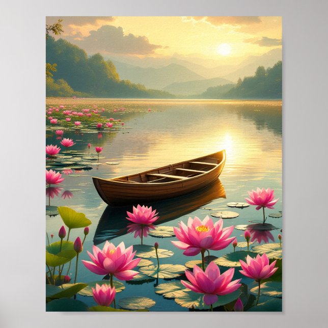 Peaceful Lake Sunset With Boat And Flowers Poster (Front)