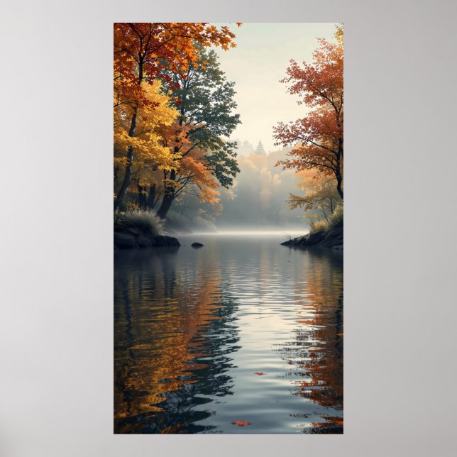 peaceful lake surrounded by autumn trees poster (Front)