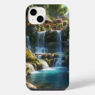 Peaceful mountain cabin waterfalls flowers iPhone 14 plus case