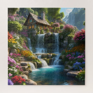 Peaceful mountain cabin waterfalls flowers jigsaw puzzle