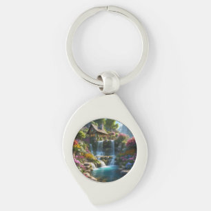 Peaceful mountain cabin waterfalls flowers key ring