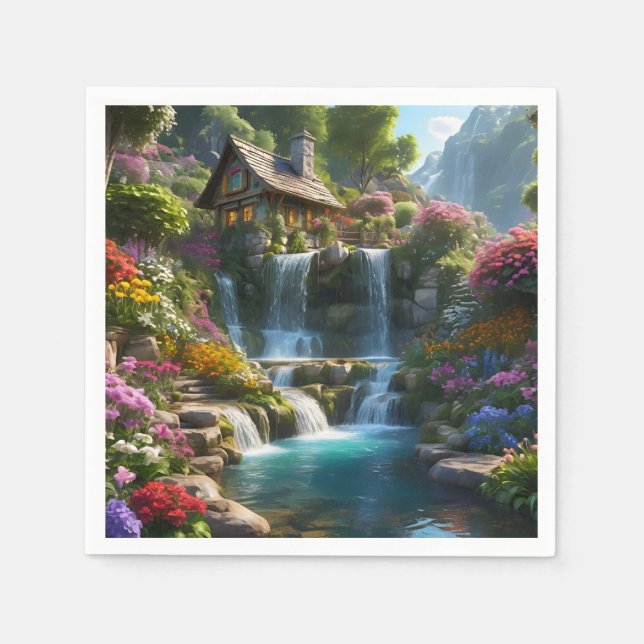 Peaceful mountain cabin waterfalls flowers napkin (Front)