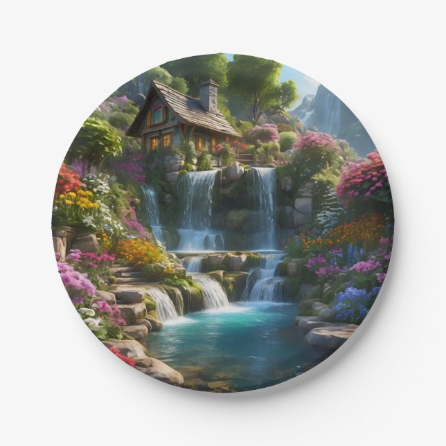 Peaceful mountain cabin waterfalls flowers paper plate (Front)