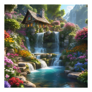 Peaceful mountain cabin waterfalls flowers photo print