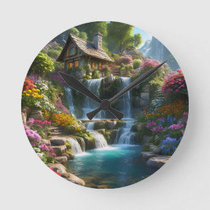 Peaceful mountain cabin waterfalls flowers round clock