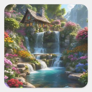 Peaceful mountain cabin waterfalls flowers square sticker
