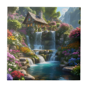Peaceful mountain cabin waterfalls flowers tile