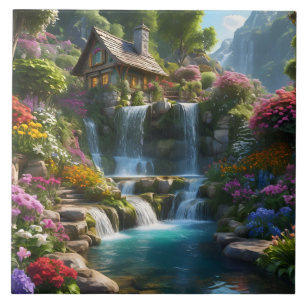 Peaceful mountain cabin waterfalls flowers tile