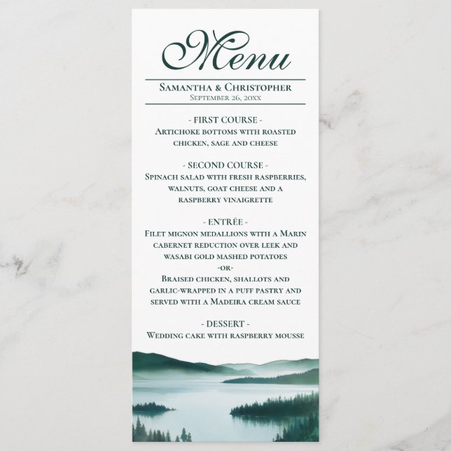 Peaceful Mountain Lake Elegant Rustic Wedding Menu (Front)