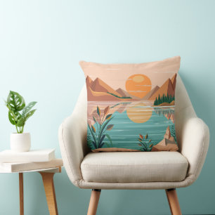 Peaceful Mountain Lake Sunset Landscape Cushion