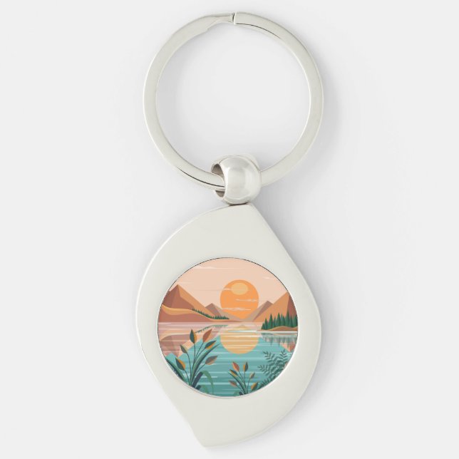 Peaceful Mountain Lake Sunset Landscape Key Ring (Front)