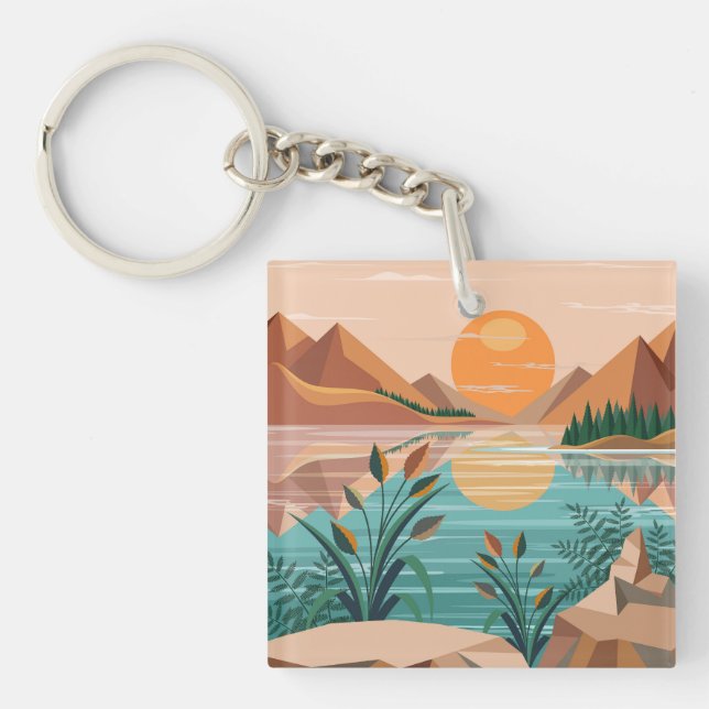 Peaceful Mountain Lake Sunset Landscape Key Ring (Front)