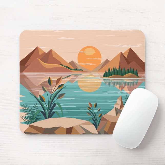Peaceful Mountain Lake Sunset Landscape Mouse Mat (With Mouse)