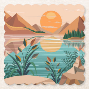 Peaceful Mountain Lake Sunset Landscape Paper Coaster