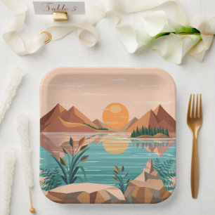 Peaceful Mountain Lake Sunset Landscape Paper Plate
