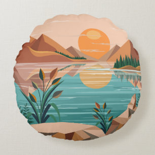Peaceful Mountain Lake Sunset Landscape Round Cushion