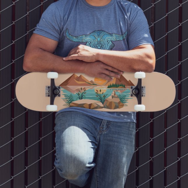 Peaceful Mountain Lake Sunset Landscape Skateboard (Outdoor 3)
