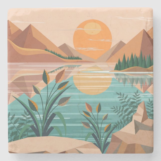 Peaceful Mountain Lake Sunset Landscape Stone Coaster (Front)