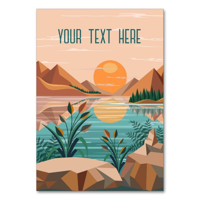 Peaceful Mountain Lake Sunset Landscape Table Number (Front)
