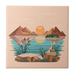 Peaceful Mountain Lake Sunset Landscape Tile