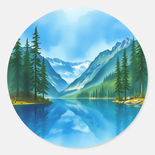 Peaceful Mountain Lake with Tall Trees Classic Round Sticker (Front)