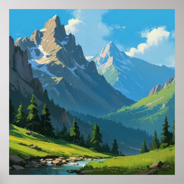 Peaceful Mountain Landscape Nature Painting Poster (Front)
