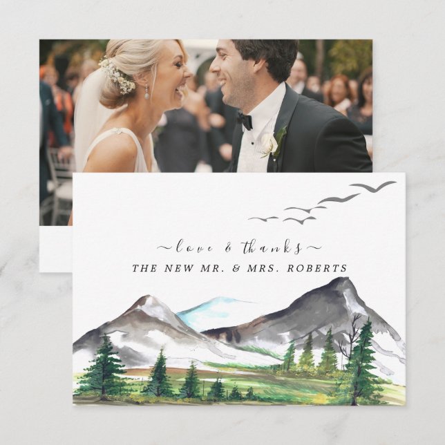 Peaceful Mountain Woodland Forest Wedding Photo Thank You Card (Front/Back)