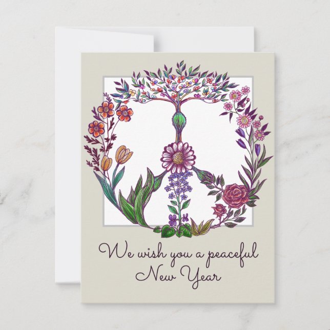   Peaceful New Year Floral Peace Sign Personalised Card (Front)