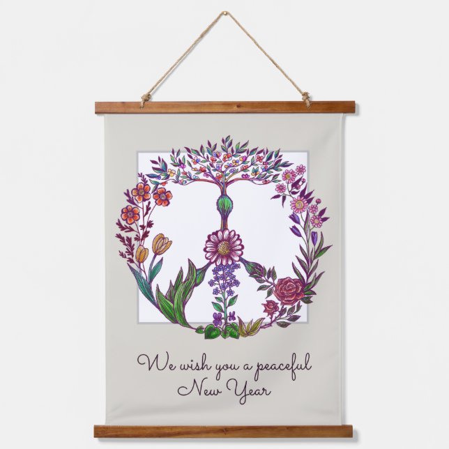   Peaceful New Year Floral Peace Sign Personalised Hanging Tapestry (Front)