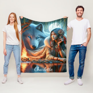 Peaceful night by river: Native and wolf Fleece Blanket