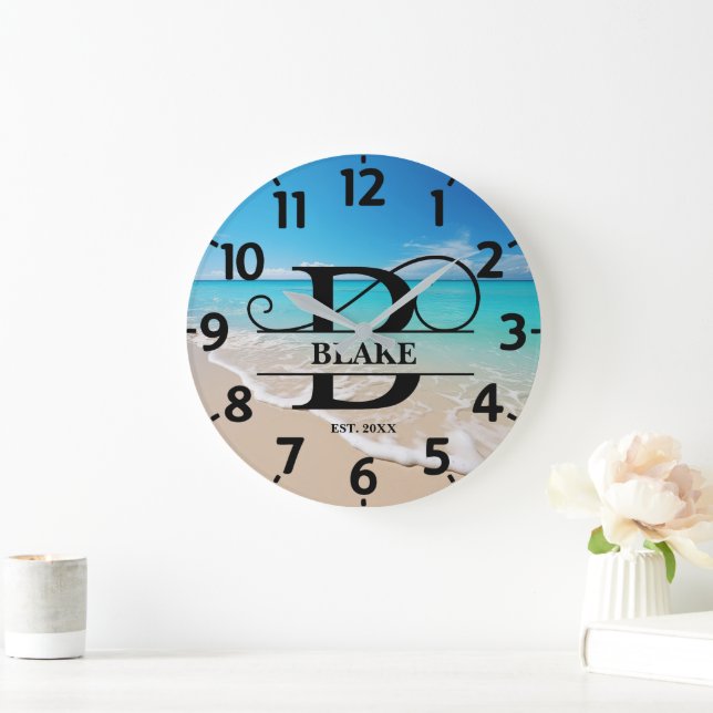 Peaceful Ocean Beach B Monogram Large Clock (Home)