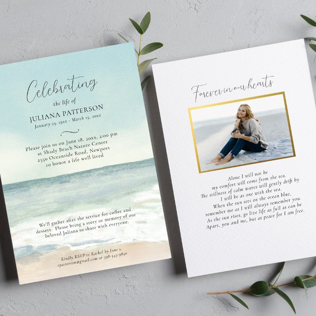 Peaceful Ocean Beach Celebration of Life Photo Invitation (Creator Uploaded)