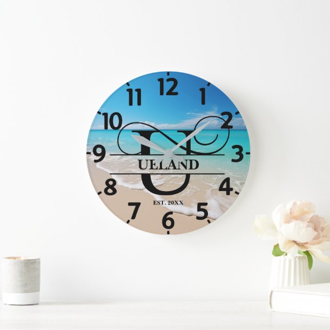 Peaceful Ocean Beach U Monogram Large Clock (Home)