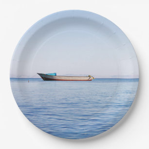 Peaceful Ocean & Solitary Boat Fine Art Photo Paper Plate