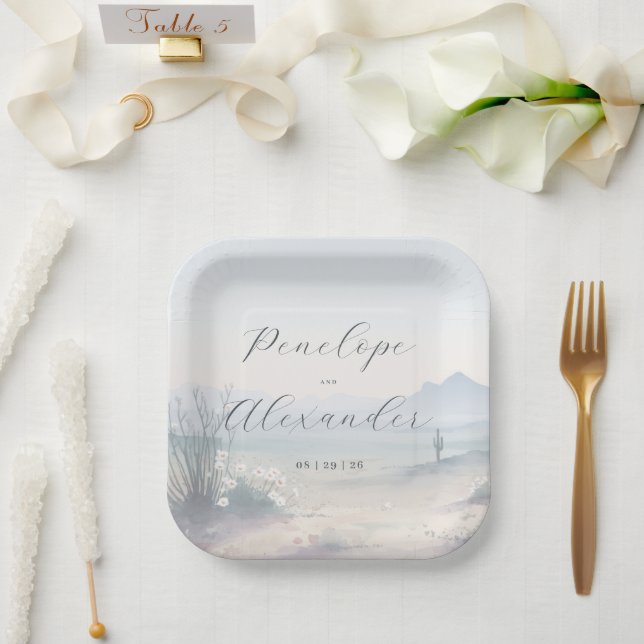 Peaceful Pastel Watercolor Desert Landscape Paper Plate (Wedding)
