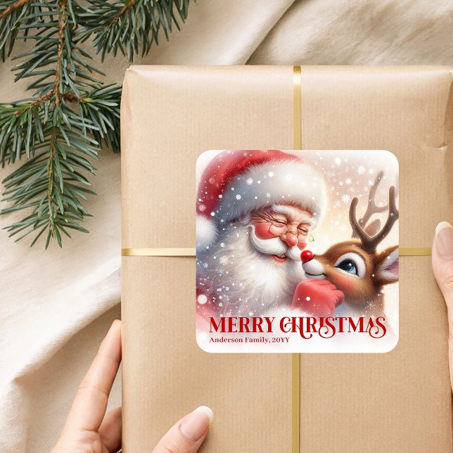 Peaceful Personalized Santa Rudolph Christmas  Square Sticker (Peaceful Personalized Santa Rudolph Christmas Sticker)